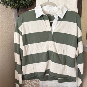 aerie NWT Green and White Striped Collared Shirt